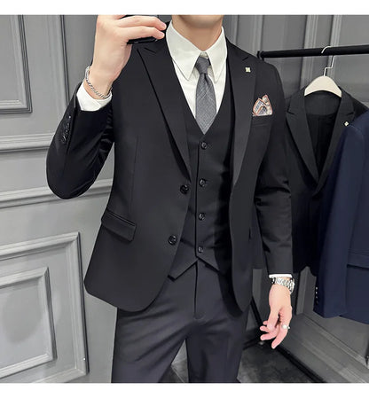 Slim Fit Men's Three Piece Suit Thin Single Button Notch Lapel Casual Fashion Cotton Blend Spring Autumn Wear for Youth