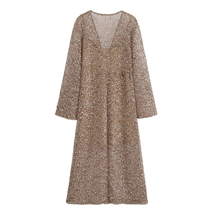 Sexy Sequined Long Pleated Dress Women Deep V-neck Full Sleeve See Through Dresses 2026 Summer Lady Party Evening Dresses ﻿