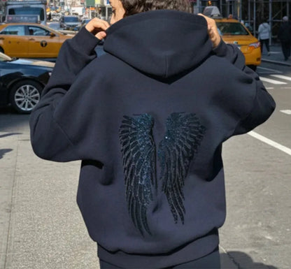 Y2K Retro Wings Sequin Hoodie Angel Wings Ornament Sweatshirt Harajuku Sweet Lady Casual Streetwear Relaxed Fit Pullover Coat