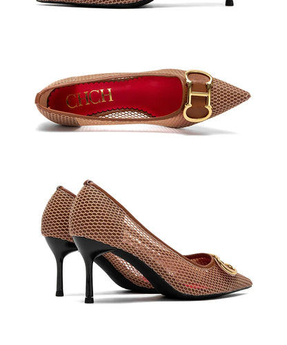 High Heels Red 2025 Spring New Hollow Business Women's Shoes 7cm Red Evening Shoes net
