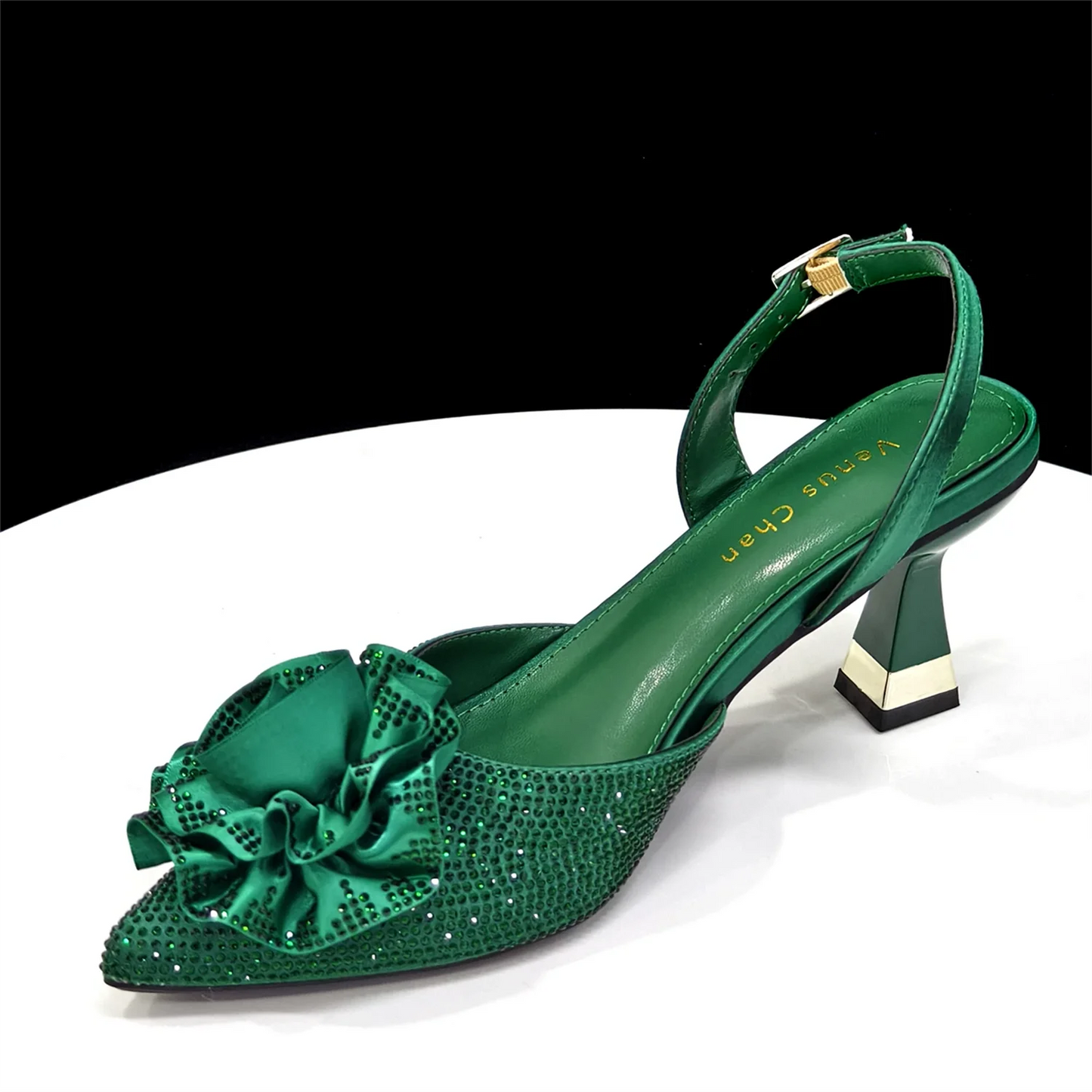 Luxury Green 3D Rose Rhinestone Shoes And Bag Set Women Pointed Toe Slingback High Heels Matching Clutch For Wedding Party
