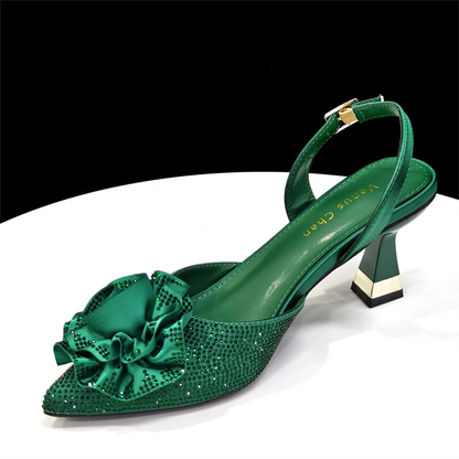 Luxury Green 3D Rose Rhinestone Shoes And Bag Set Women Pointed Toe Slingback High Heels Matching Clutch For Wedding Party