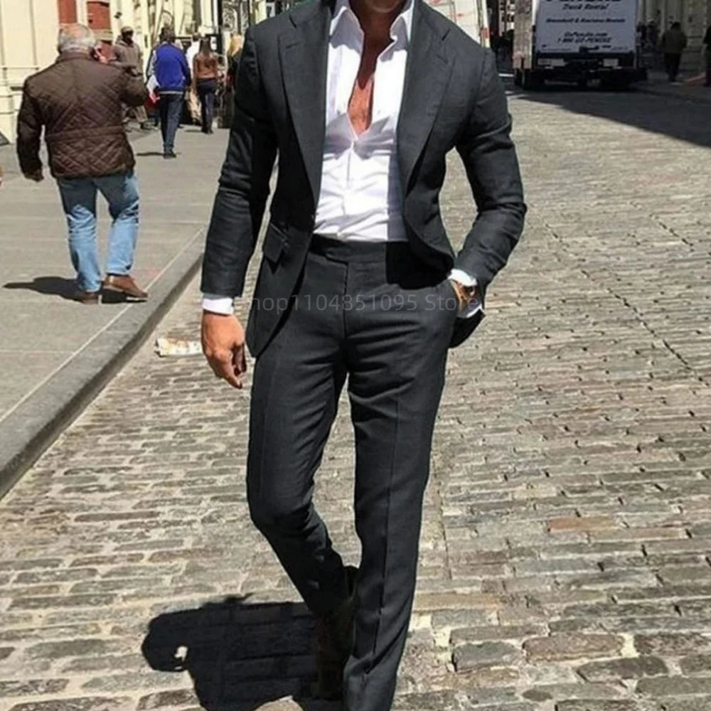 Classic Slim Fit Men's Business Suit Notch Lapel 2-Piece Blazer And Pants Set for Wedding Prom Groomsmen Elegant Formal Wear