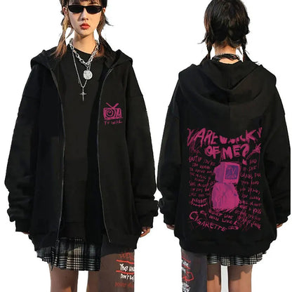 TV Girl Who Really Cares Graphic Print Zipper Hoodie Men Women Fashion Casual Oversized Zip Up Jacket Male Fleece Sweatshirts