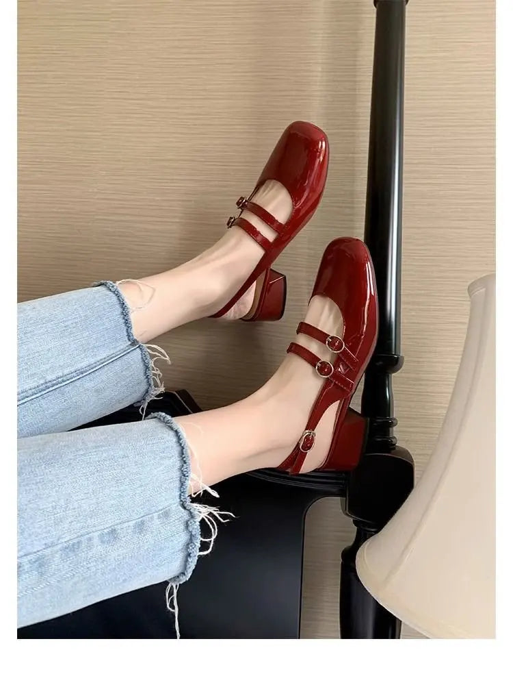 2025 Burgundy Mary Janes Square-Toe Double-Buckle Patent Leather Chunky Heel Shoes with Jean Styling