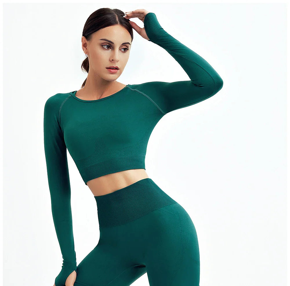 2/3Pcs Women Seamless Fitness Yoga Suit Workout Long Sleeve Crop Top Shirt Sports Bra High Waist Running Leggings Gym Clothing