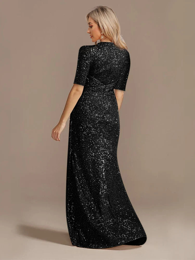 Luxury Floor Length V-Neck Evening Dresses Women Elegant Wedding Party Maxi Dress Sequins Short Sleeves Prom Cocktail Gowns