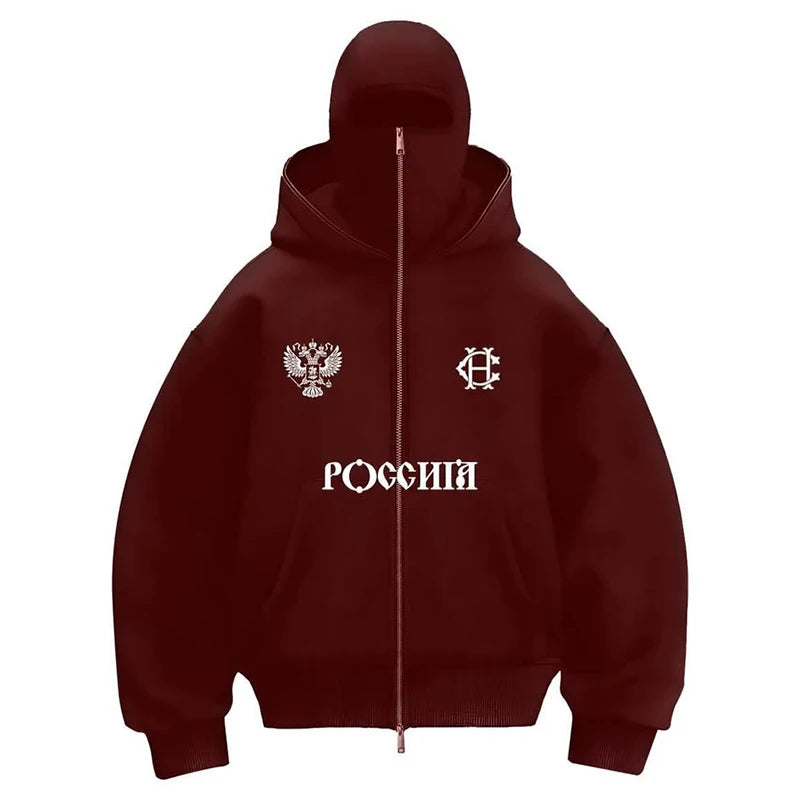 Men's Winter Letter Zipper Hoodies Chic Face Mask Design Warm Hooded Sweatshirts Casual Vintage Sports Jacket Outdoor Activities