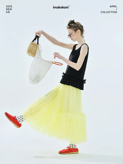 Women's Light Purple Tulle Midi Skirt with Ruffled Hem Elastic Waist Casual Fairy Style Summer  Flowy A-Line Skir 255106