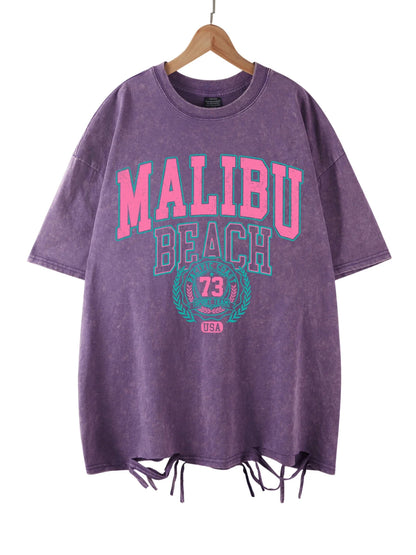 Beach Washed T-Shirt Women Letter Printing Cotton T Shirt Comfortable Crewneck Tops Casual Oversized Tees Female Clothes