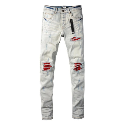 Calça Jeans Masculina de Cintura Reta Rasgada, Cor Sólida, Elástica, Respirável, Confortável e de Alta Qualidade, Nova Tendência Primavera Outono