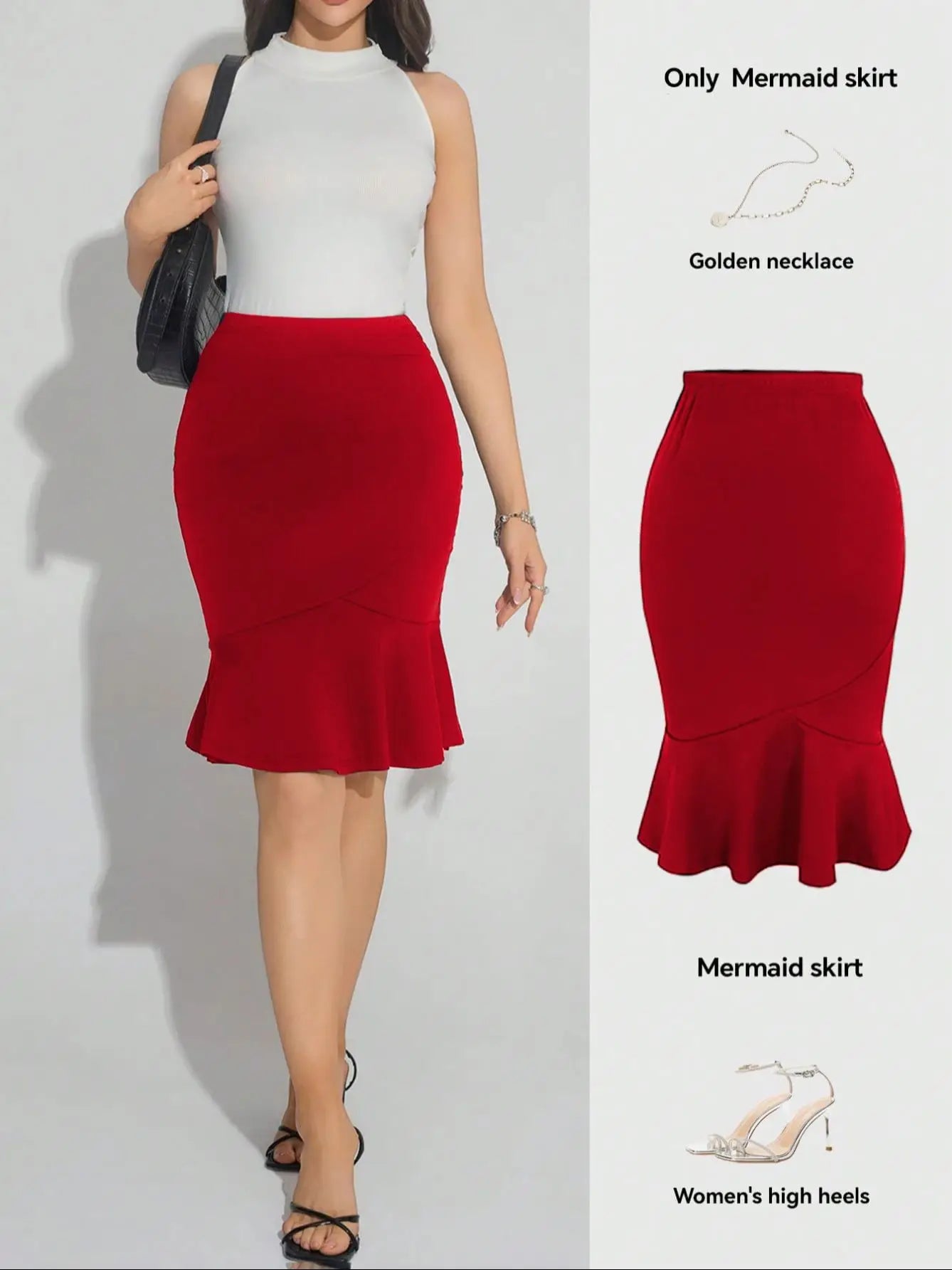 Women Red High Waist Mermaid Bodycon Skirt Ruffle Hem Stretchy Slim Fit Sexy Skirt Spring Summer Elegant Office Party Midi Skirt