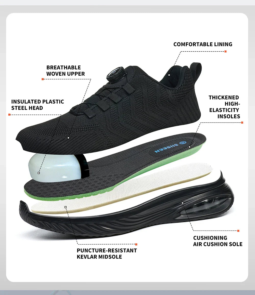 Men's Safety Shoes Anti-impact Lightweight Breathable Plastic Cap Toe Work Shoes Fashionable Button Design for Men