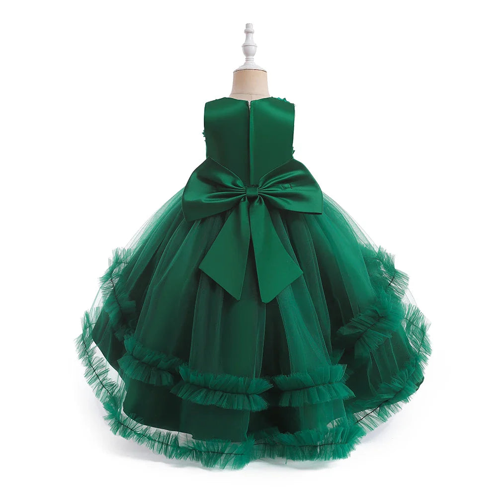 Summer Flower Party Girls Dress Christmas Costume Tulle Trailing Bridesmaid Princess Kids Dresses for Girl Wedding Birthday Gown