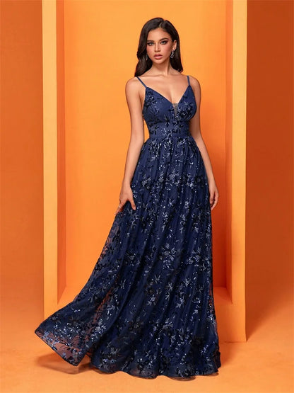 Elegant Sequins Sexy Backless Evening Dress For Women Deep V-neck Prom Party  Dress Floor Length Blue Formal Gowns