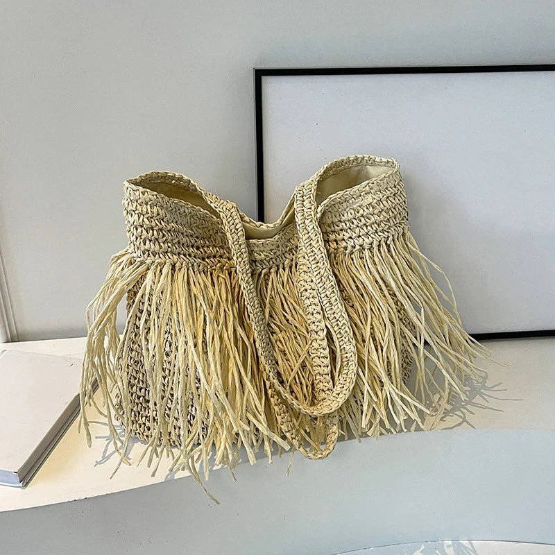 Casual Tassel Woven Women Shoulder Bags Handmade Fringe Lady Handbags Summer Beach Large Tote Bag Shopper Purse for Vacation