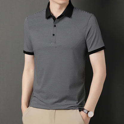 2024 Men's New Striped Cotton Business Casual Short Sleeved POLO Shirt Fashion Short Sleeved Comfortable and Breathable Top