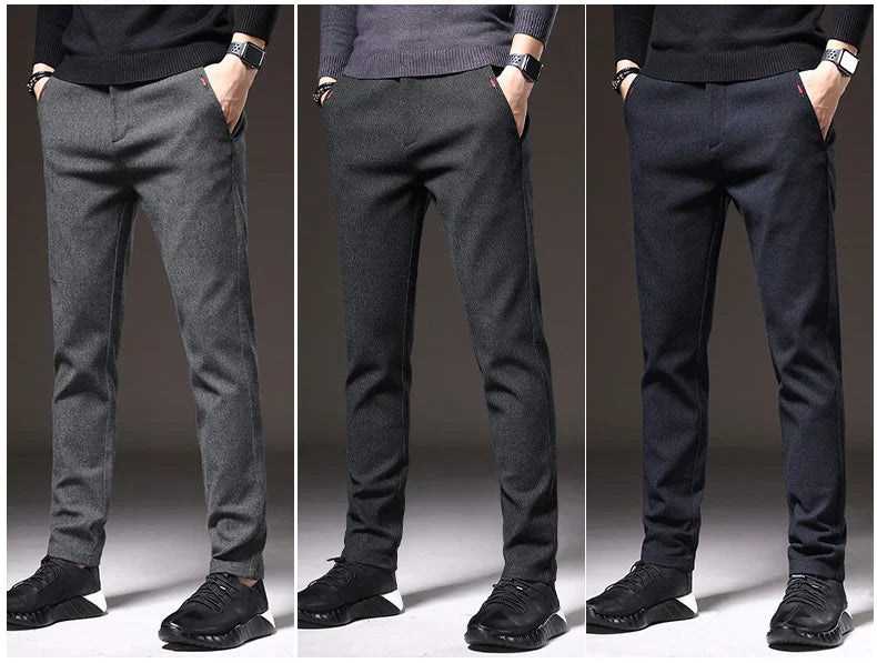 Autumn Winter Thick Men's Casual Pants Brushed Fabric Straight Slim Business Fashion Trousers Stretch Korean Male Clothing