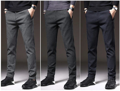 Autumn Winter Thick Men's Casual Pants Brushed Fabric Straight Slim Business Fashion Trousers Stretch Korean Male Clothing