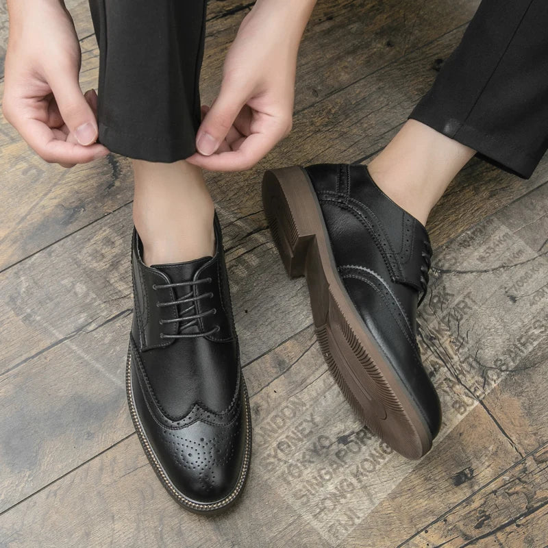Men Lace Up Derby Shoes PU Solid Color Round Toe Business Casual Fashion Formal Shoes