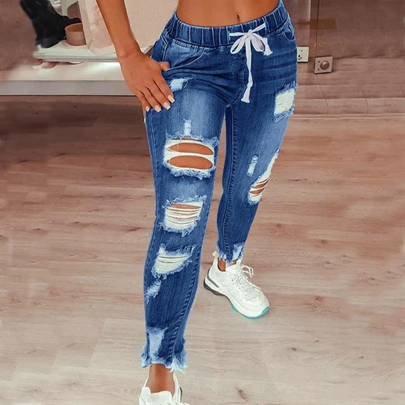 Women Elastic Waist Drawstring Pencil Denim Jeans