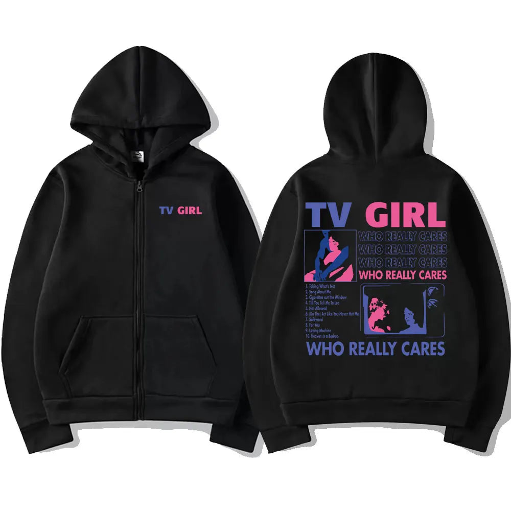 TV Girl Who Really Cares Graphic Print Zipper Hoodie Men Women Fashion Casual Oversized Zip Up Jacket Male Fleece Sweatshirts