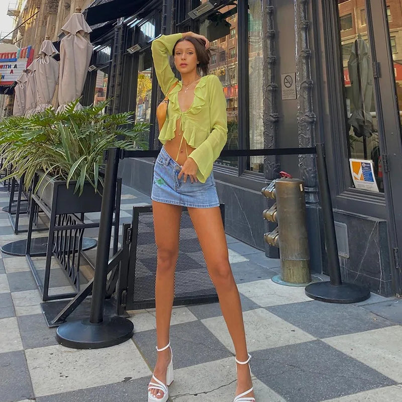 2025 Women Fungus Lace Solid See Through Silk Flare Sleeve V Neck Crop Tank Fashion Casual Sweet Girl Top