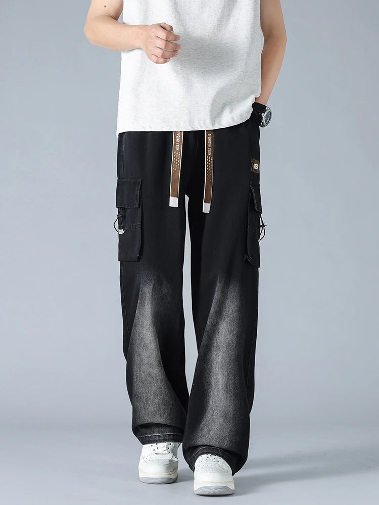 Summer Men's Straight Jeans Multi-Pockets Wide Leg Denim Cargo Pants 8XL 7XL 6XL Big Size Lightweight Baggy Solid Jeans Trousers