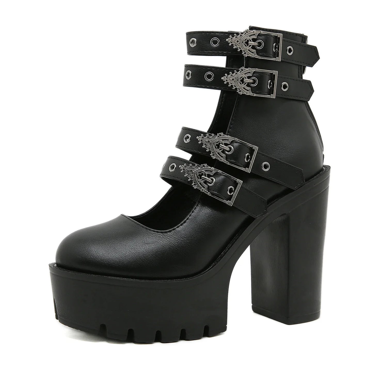 Goth Style Women Block Heels for Halloween Fashion Buckle Strap Dress Pumps Platform Mary Jane Shoes Stylish Back Zipper