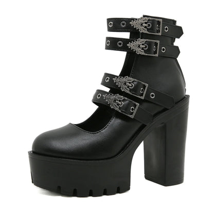 Goth Style Women Block Heels for Halloween Fashion Buckle Strap Dress Pumps Platform Mary Jane Shoes Stylish Back Zipper