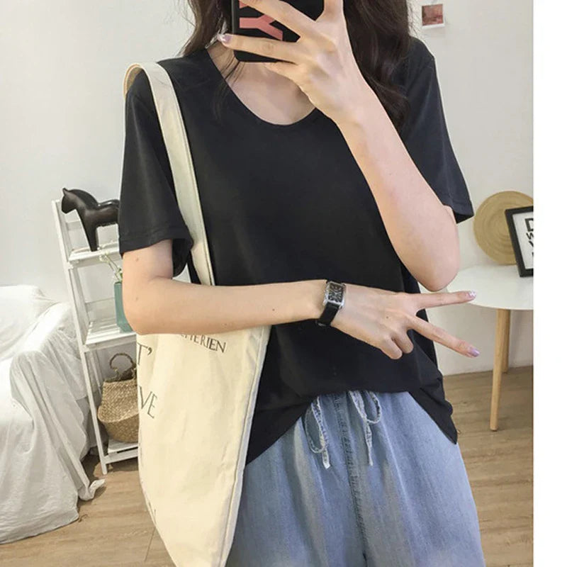 1pcs Girls Summer Solid T-shirts Women Classic Basic Fashion Tees Students Short Sleeve Loose Tops Female V Neck Comfort Tshirts