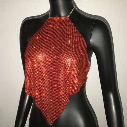 Fashion Summer Backless Tank Top Women Shiny Rhinestone Metal Sequins Halter Neck Camisole Rave Festival Party Crop Tops