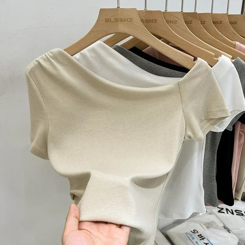 Womens Long Sleeve Off Shoulder T Shirts 2026 Tight Knit Sexy Slim Fitted Casual Women's Basic Tops Cropped T-Shirt