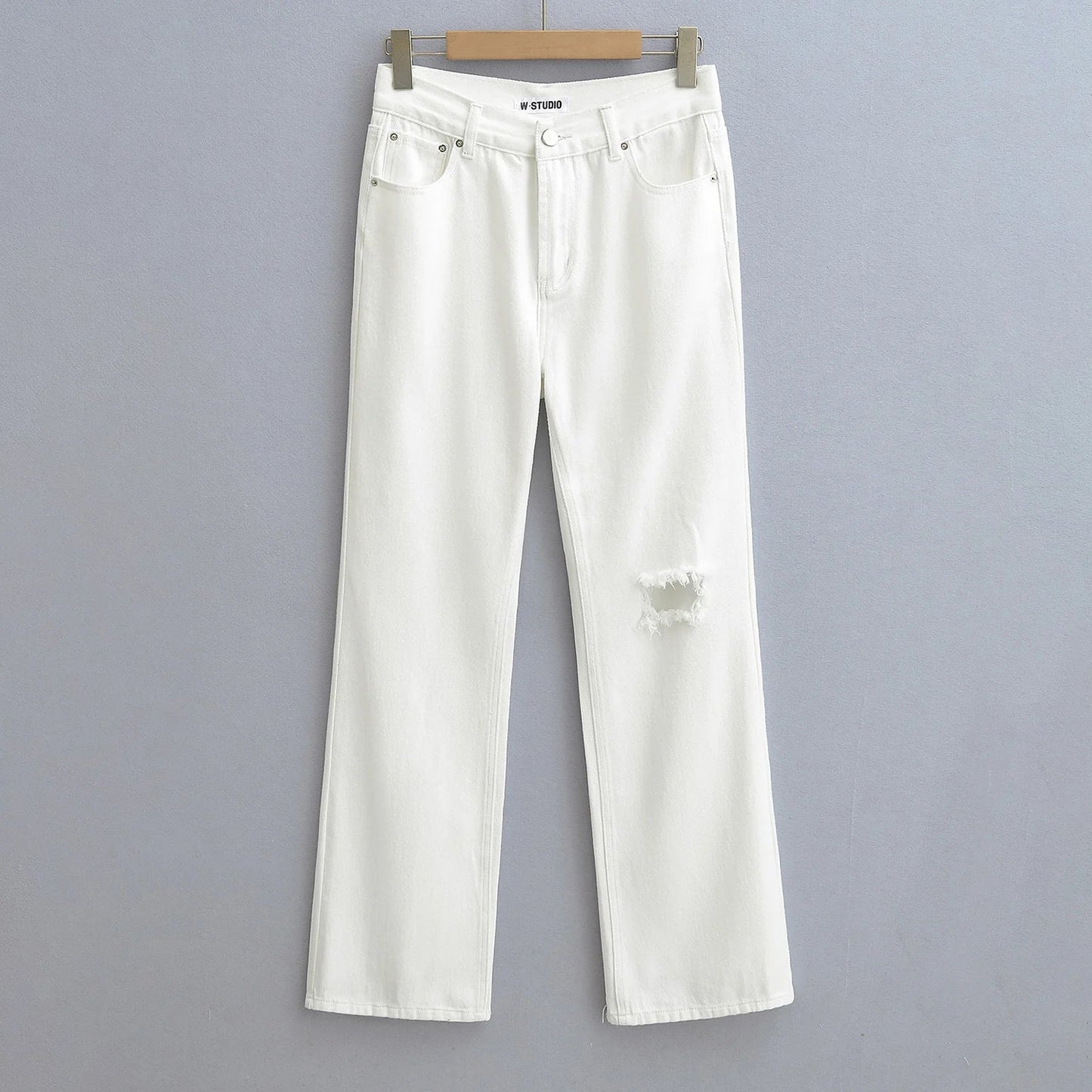 High‑Waist Straight‑Leg Distressed Jeans