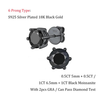 4 Claw GRA Certified 0.5/1CT Black Moissanite Earrings for Women Man Unisex 925 Silver Plated 18K Black Gold Party Ear Stud