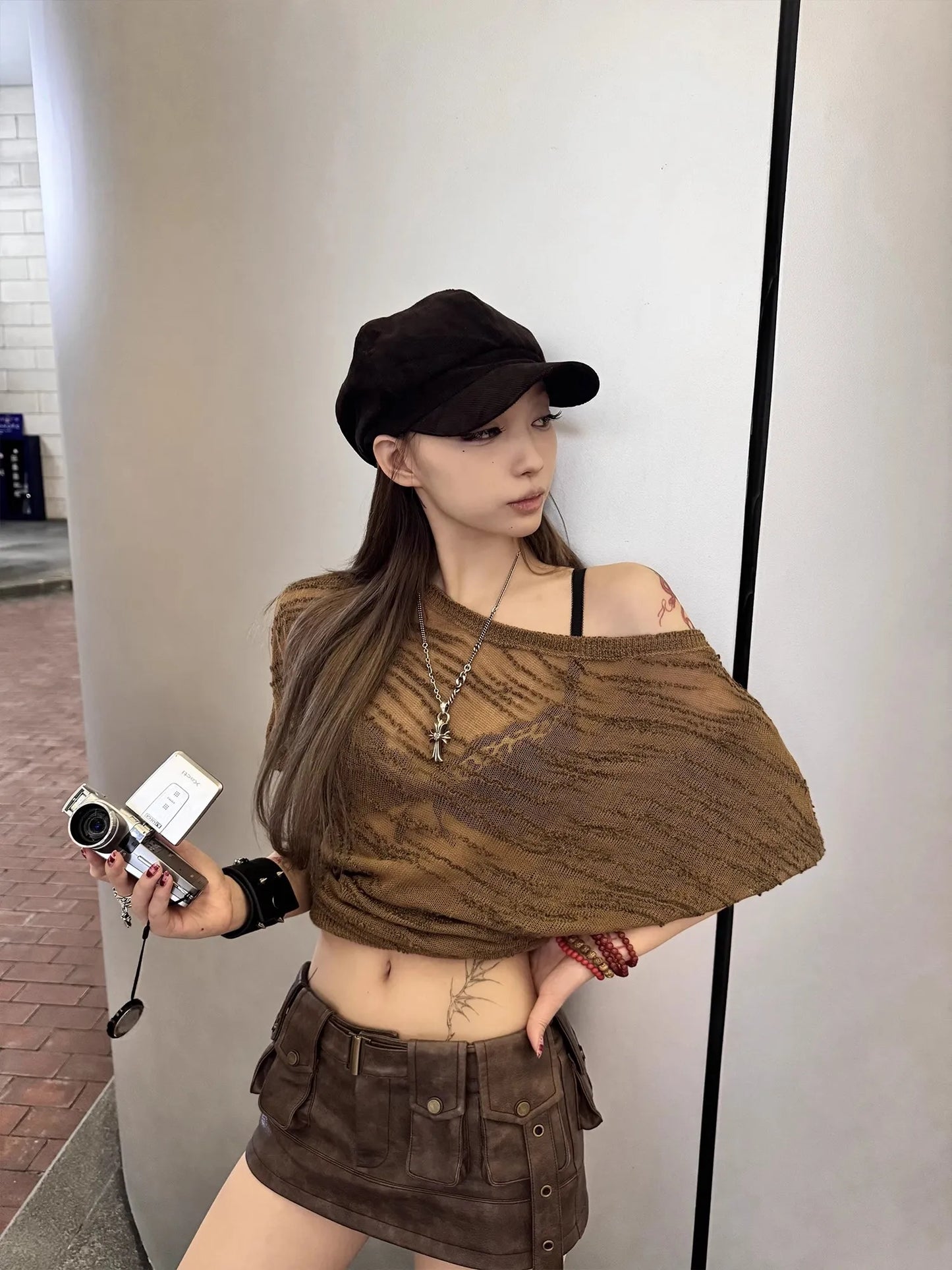Spring Summer Cool Sexy Vintage Distressed Brown Pu Leather Mini Skirt Women Three-dimensional pockets Belt Streetwear