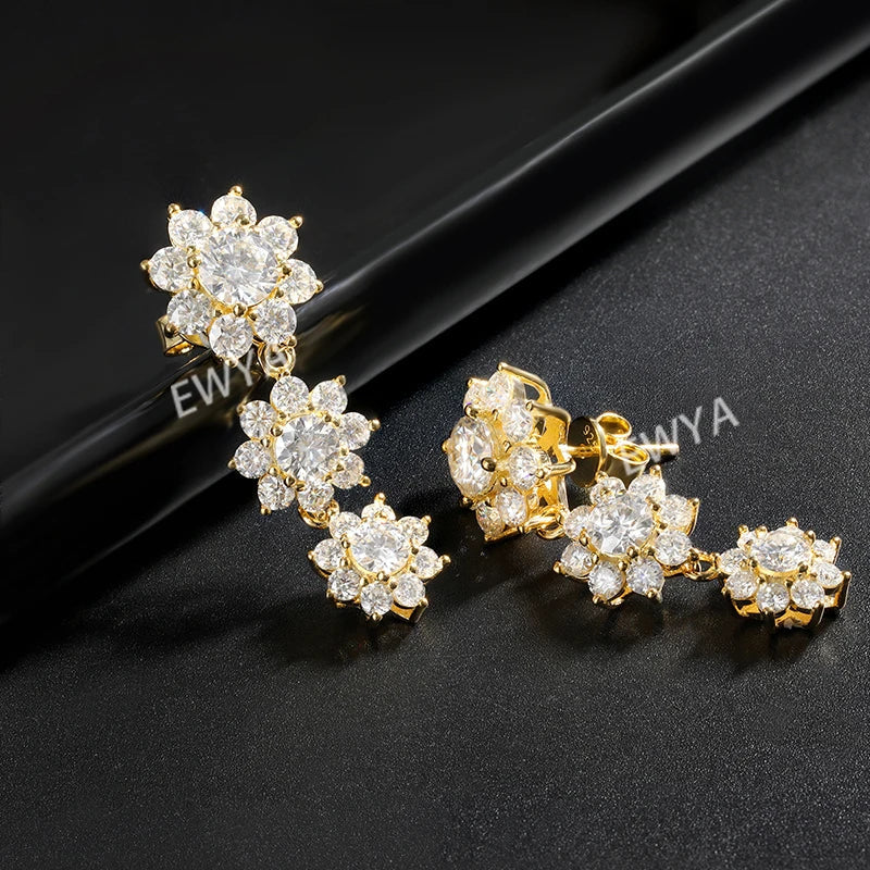 Luxury Sunflower 2.8-5.8cttw Full D Color Moissanite Drop Earrings for Women S925 GRA Certified Diamond Tassel Earring Gift