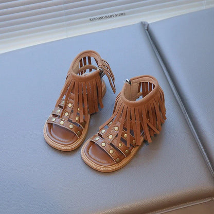 England Style Fashion Tassel Sandals Summer New Side Zipper Rivet High-top Sandals Student Beige Brown Roman Shoes Fringe I05235