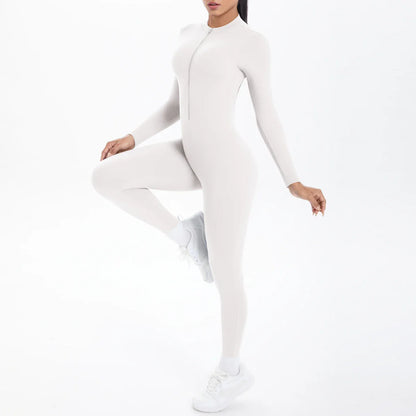 Solid Color Bodysuits for Woman's Backless Long Sleeved Zipper Yoga Jumpsuits High Dtrength Workout Sports Fitness Clothing Set