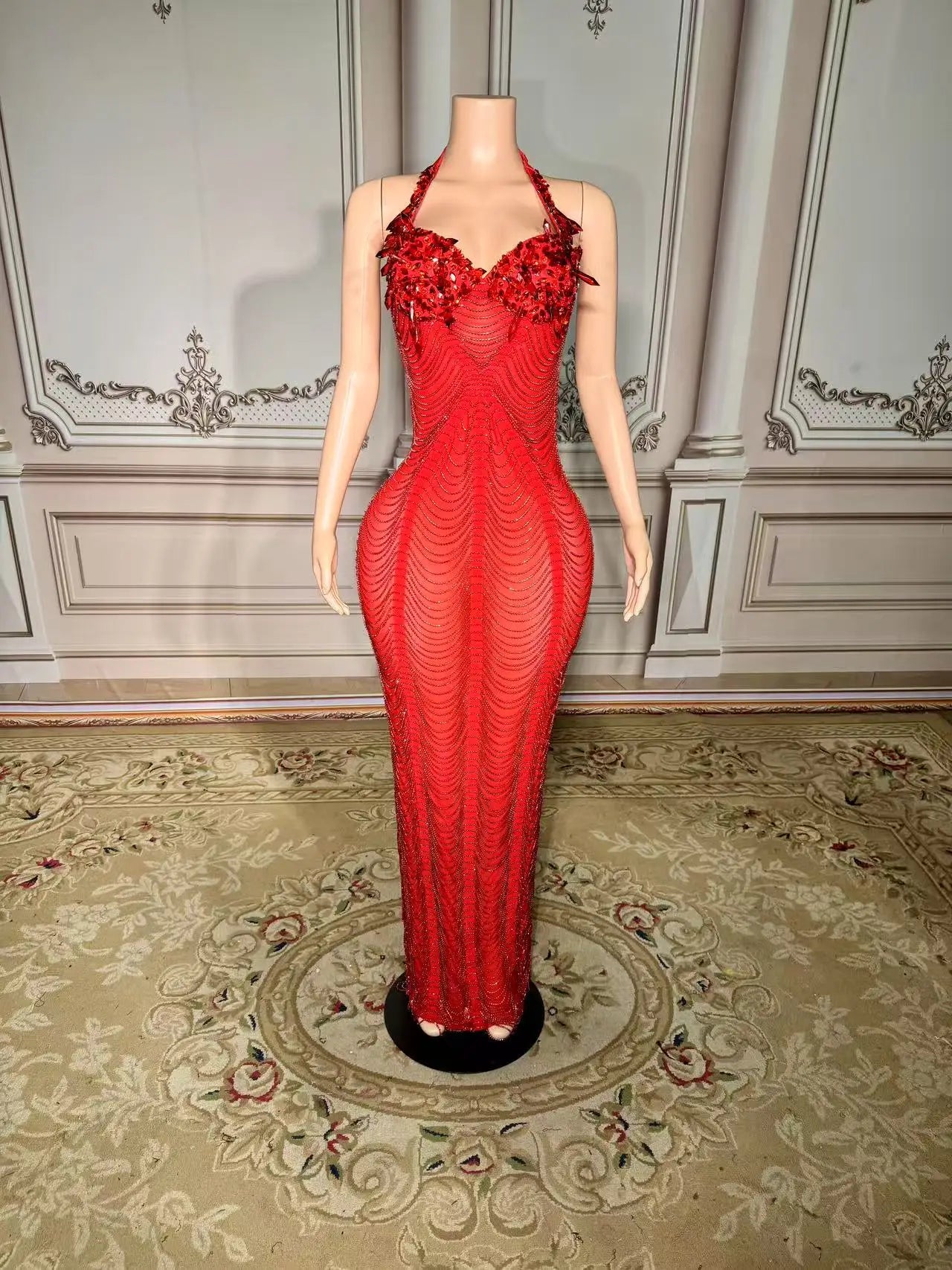 Silver Rhinestone Crystals Chains Transparent Long Dress Evening Birthday Celebrate Dress Sexy Performance plus size