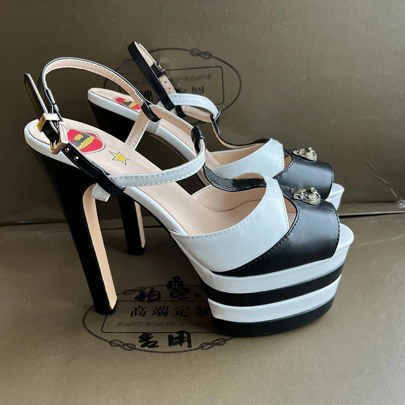 2026 Women's Round Head Sandals Thin Heels 5cm Thick Bottom Slope Heel Fish Mouth Rivet Sandal T-Platform Sandals Size34-43