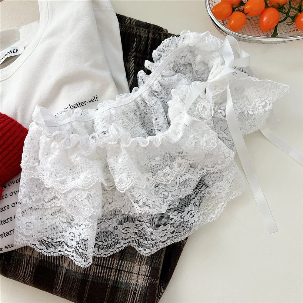 Korean Sweet Embroidered Ruffled Lace Trim Fart Curtain A Line Skirt Women High Waist Layering Cake Skirts Y2K Girls Streetwear