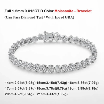 Flower Full 1.5mm D Color Moissanite Diamond Tennis Bracelet for Women 925 Silver GRA Certified Bridal Wedding Bangle Gift