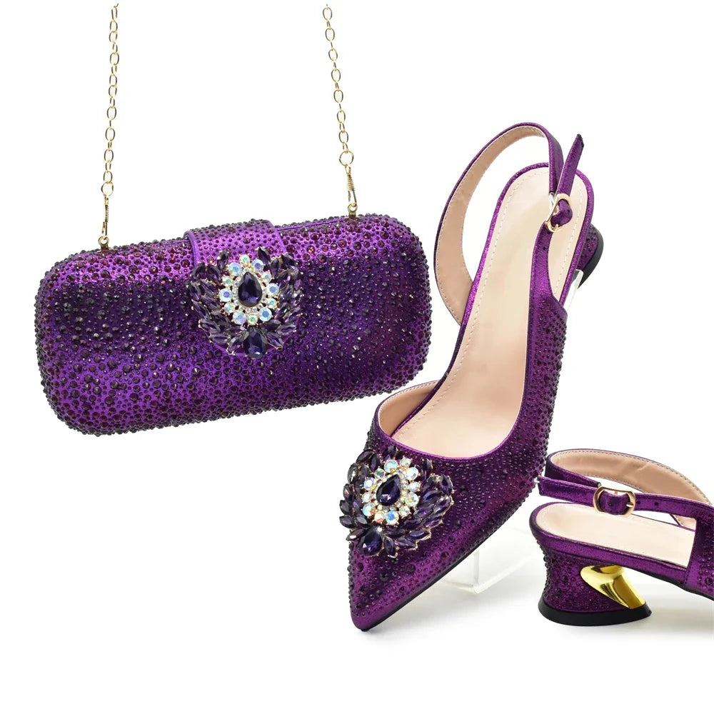 African Shoe and Bags Set for Wedding Nigerian Party Shoes and Bag Set Decorated with Rhinestone Elegant Heeled Pumps for Women