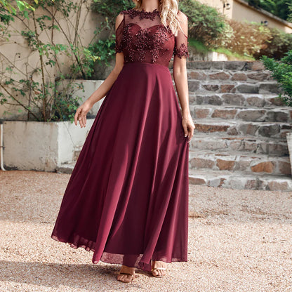 New Burgundy Evening Dresses Illusion Lace Appliques O-Neck Short Sleeve Prom Dress Sheer Back A-Line Long Formal Party Gowns