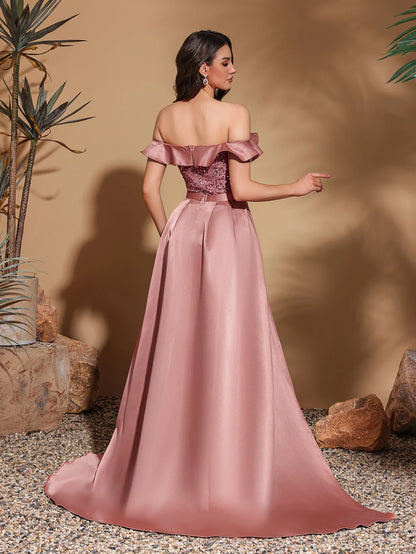 Sequined off-the-shoulder pleated collar satin floor-length dress