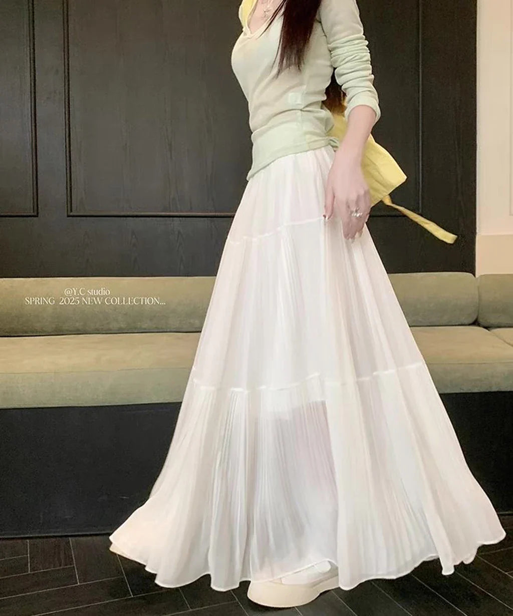 Women's High Waist Pleated Maxi Skirt, Casual A-Line Flowy Tiered Long Skirt, Elegant Beach Vacation Skirts for Ladies