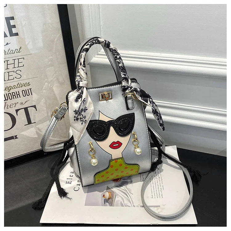 Cartoon Girl Handbag High Quality PU Leather Shoulder Bag for Women Pearl Crossbody Bag Designer Messenger Bag Female Satchel