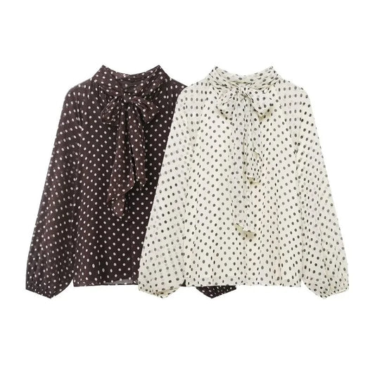 Elegant Women Polka Dot Blouse, Spring Bow Tie Lantern Sleeve Layered Neck Chiffon Shirt, Casual Daily Office Top