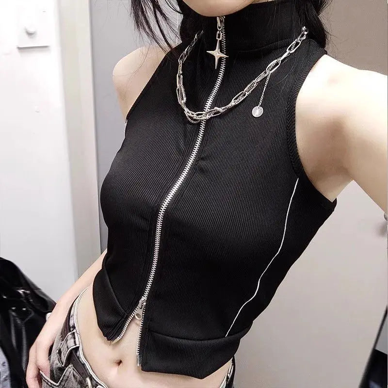 Gothic Style Stitching High Street Style Hot Girl Spaghetti Straps Sleeveless Cardigan Vest Slimming Slim Fit Top for Women INS